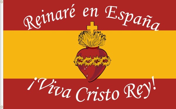 Bandera de España con el Sagrado Corazón de Jesus. Viva Cristo Rey. Tamaño L